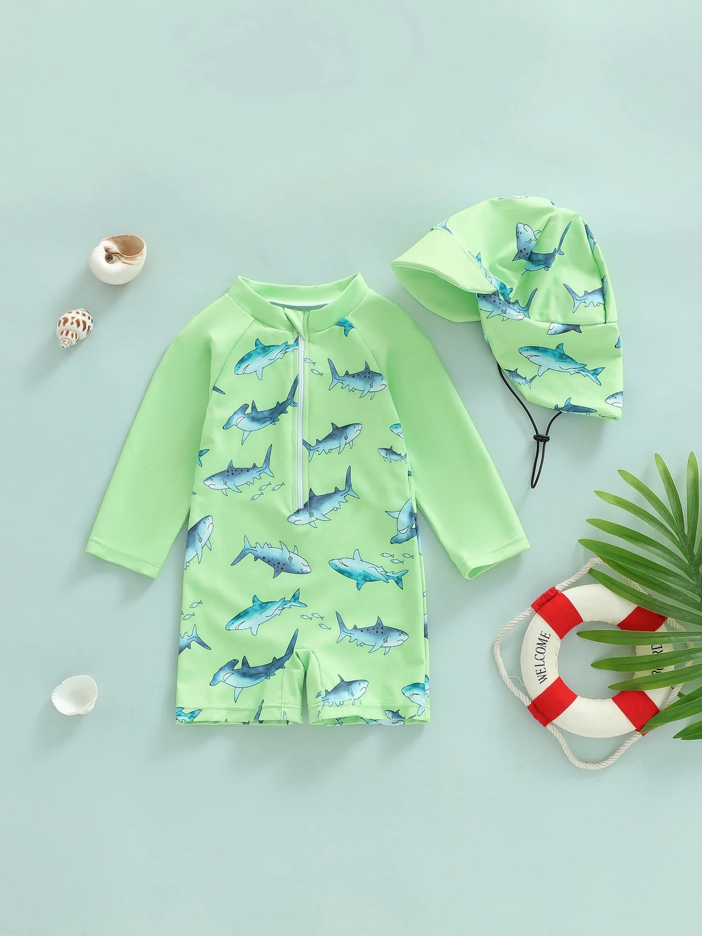 Meihuida Baby Rash Guard Swimsuit With Shark Print Zipper Cap