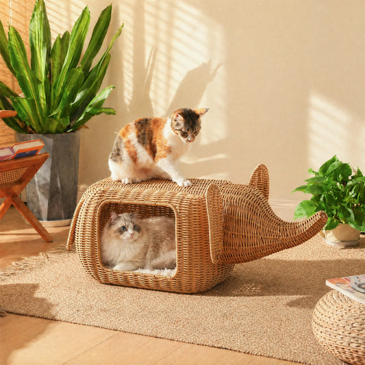 PEQULTI Elephant Rattan Cat Condo Bed With Plush Cushioned Hideaway