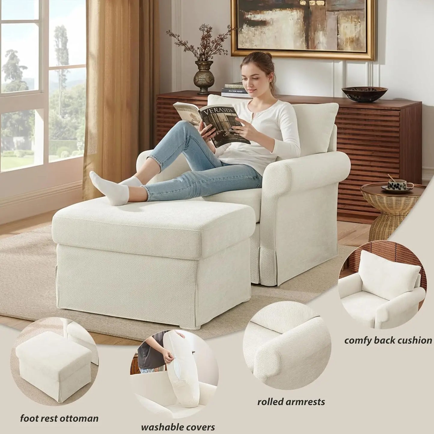 Modern Chenille Reading Armchair With Ottoman Set For Relaxation
