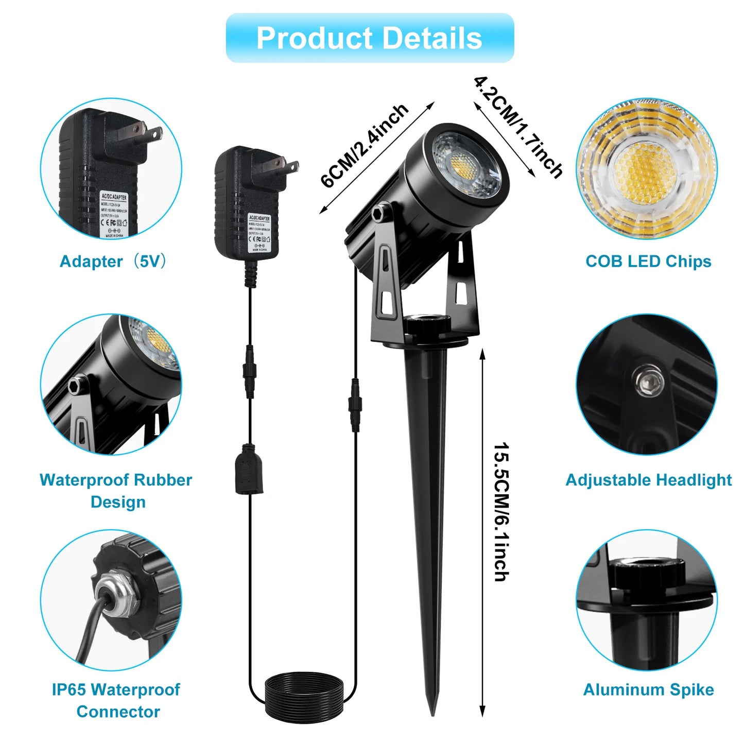 T-SUNRISE US Plug COB LED Landscape Spotlight, IP65 Waterproof