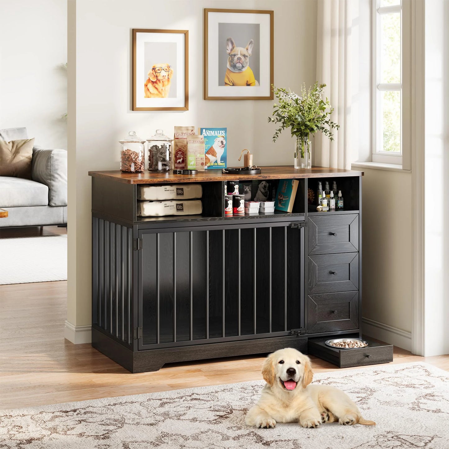 HiMISS Farmhouse Wooden Dog Crate with Storage and Feeding Station