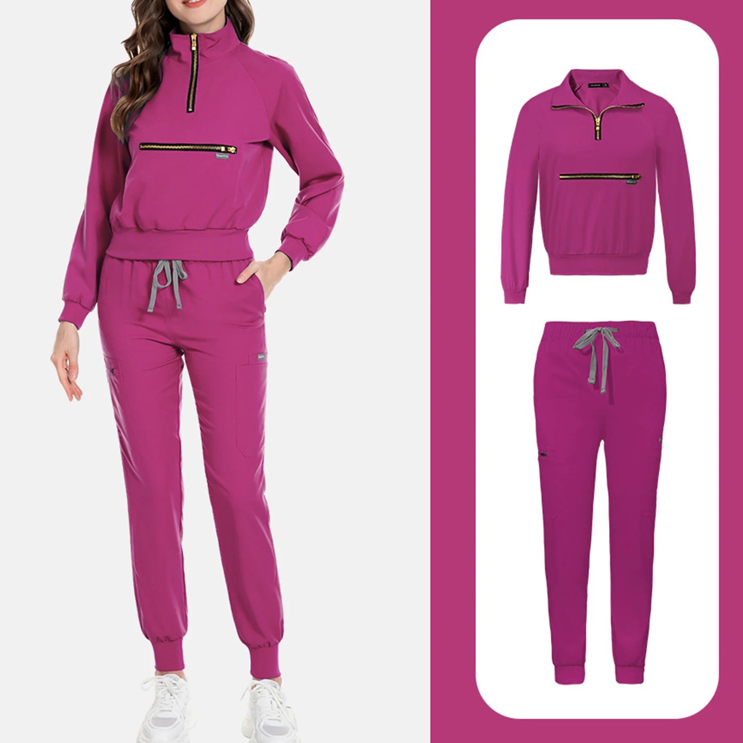 Women Nurse Scrub Set Stand Collar Zip Long Sleeve Uniform