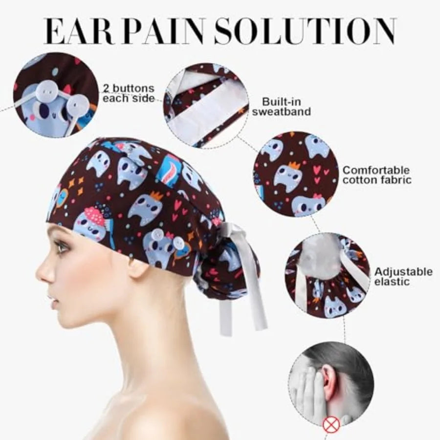 Tisancy Dental Scrub Cap For Women Nurse Adjustable Hat With Button Ponytail