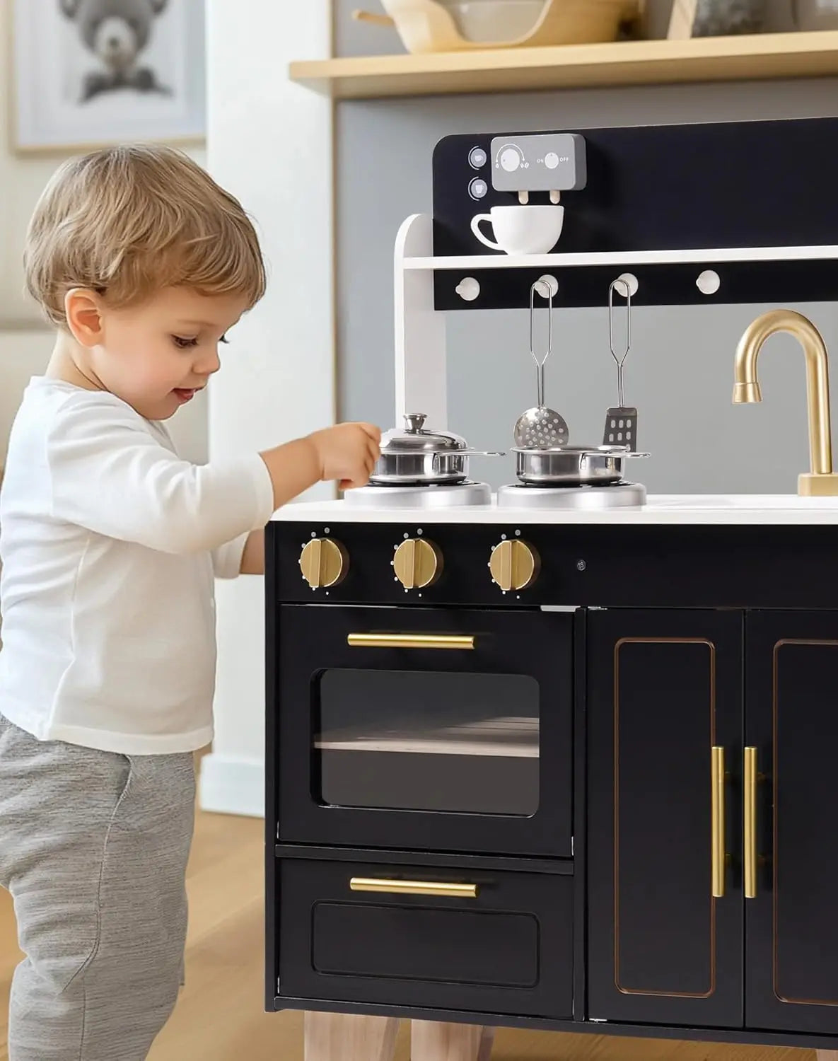 Robotime Wooden Play Kitchen For Kids With Marble Countertop