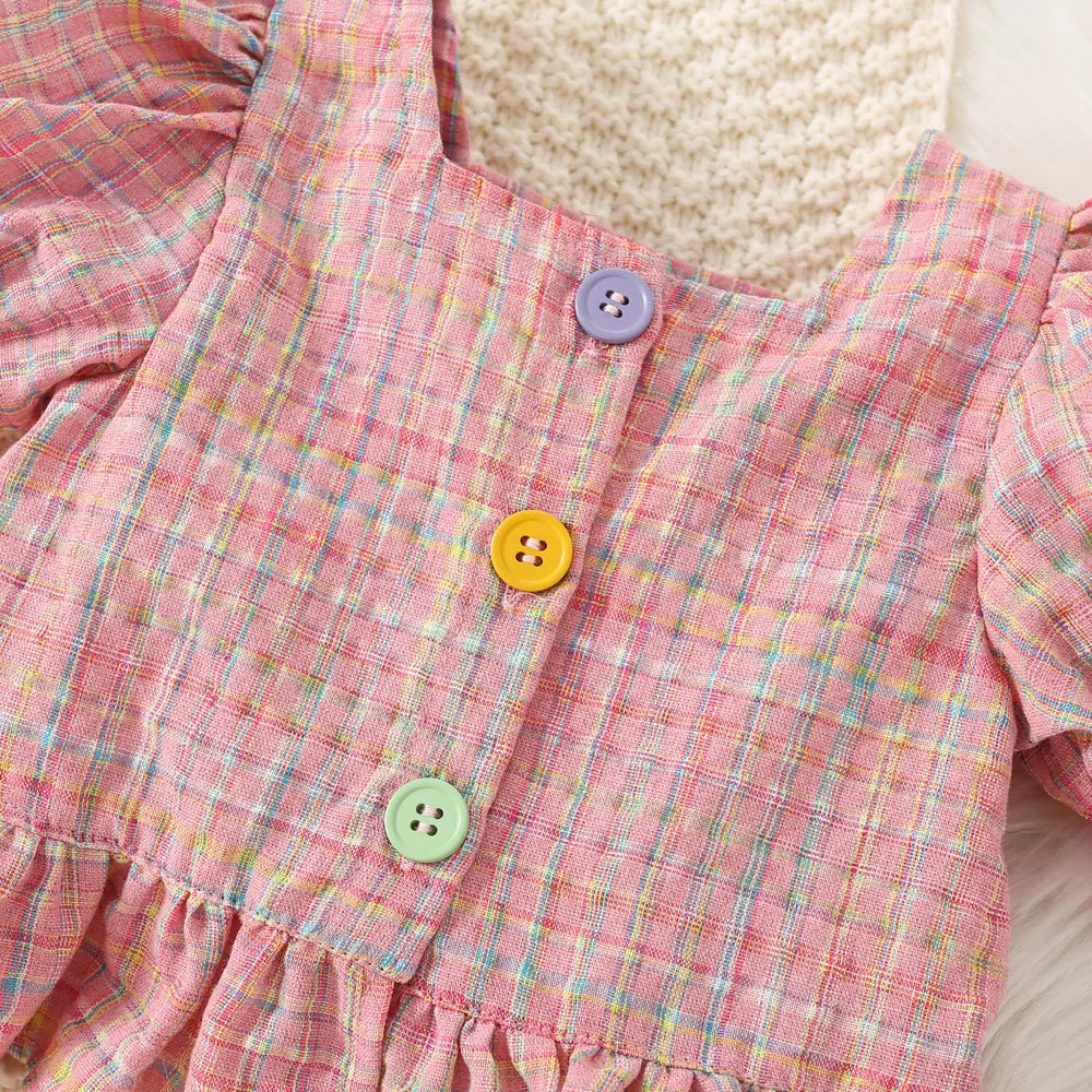 Girls Summer Cotton Plaid Bubble Sleeve Top And Shorts Set