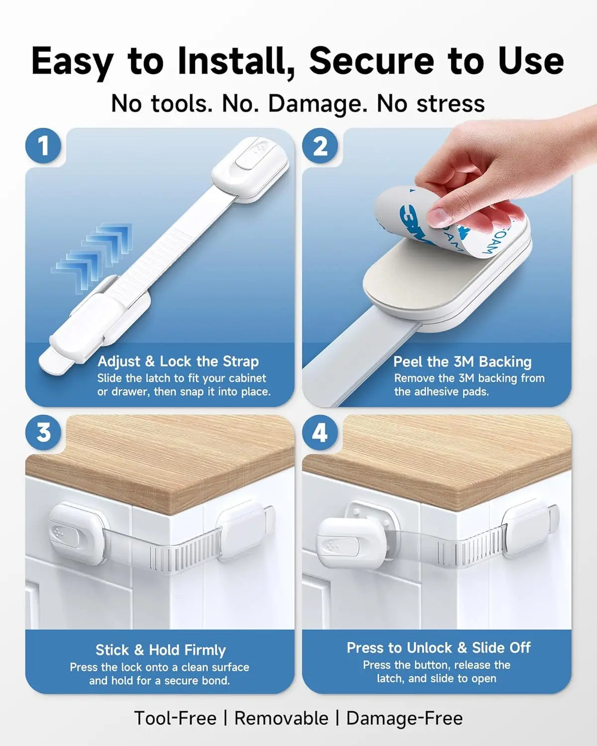 12 Pack Baby Proof Cabinet Locks No Drill 3M Adhesive Drawers Cupboards