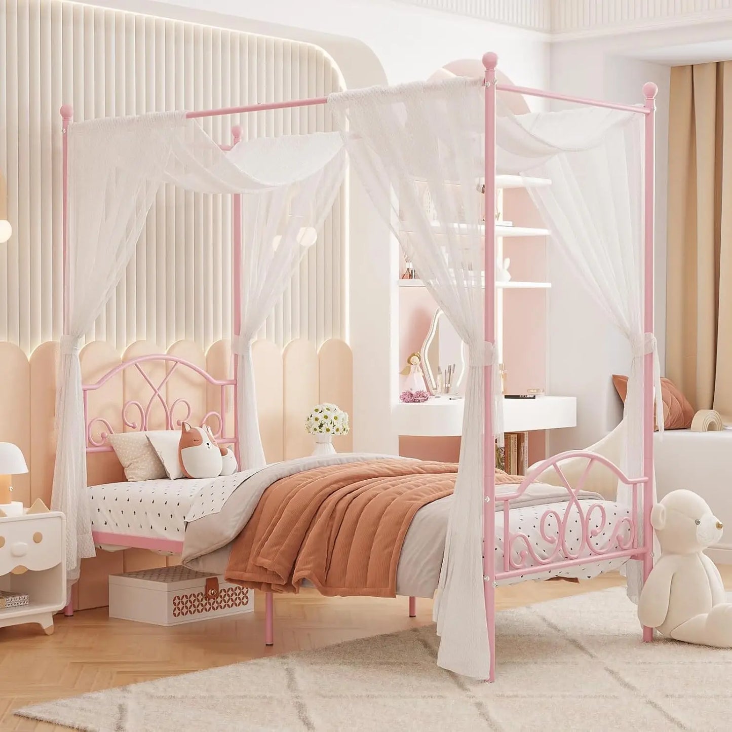 Princess Canopy Bed Frame With Four Metal Posts For Kids