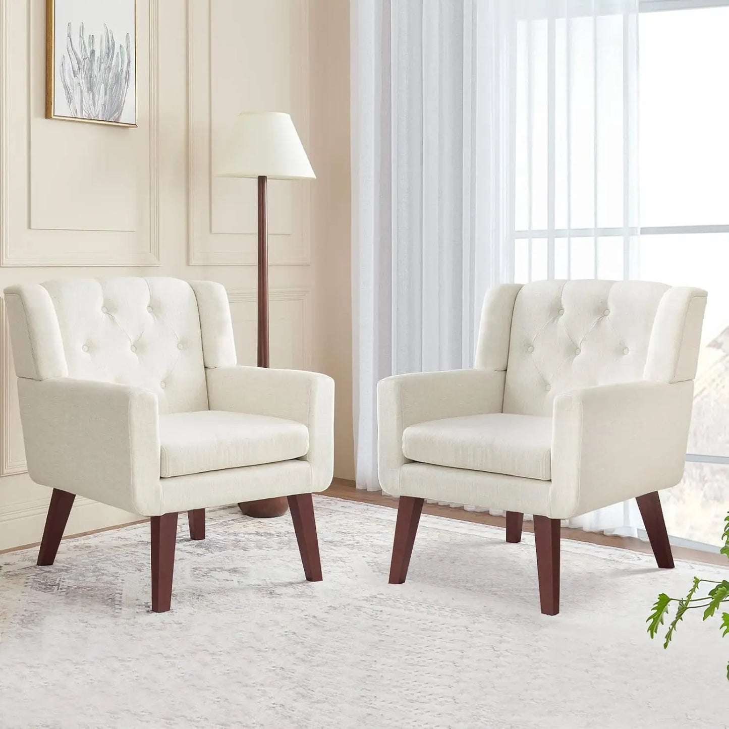 Button-Tufted Upholstered Living Room Chair With Linen Fabric Mid Century