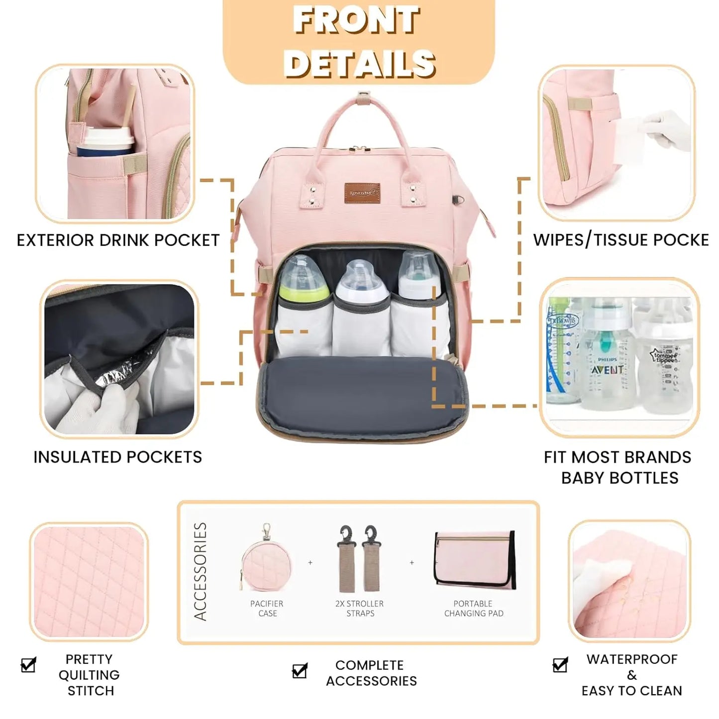 Baby Diaper Backpack With Changing Pad Insulated Pockets Stroller Straps
