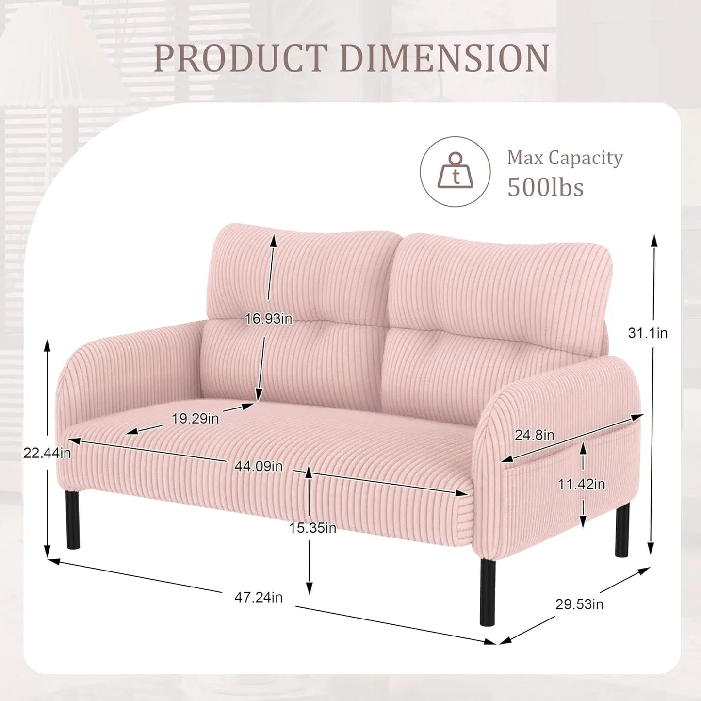 Corduroy Upholstered Loveseat Sofa, Sturdy 2-Seater Couch with Thick Cushions, Space-Saving Double Sofa for Living, Customized