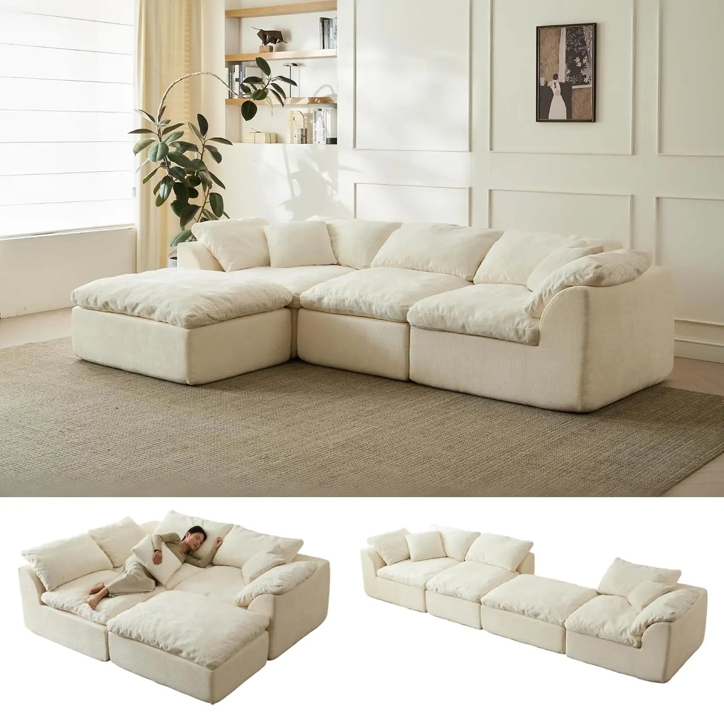 110in Modular Sectional Sofa L-Shape Convertible Sofa Bed with Ottoman 3 Seater Living Room Furniture Custom