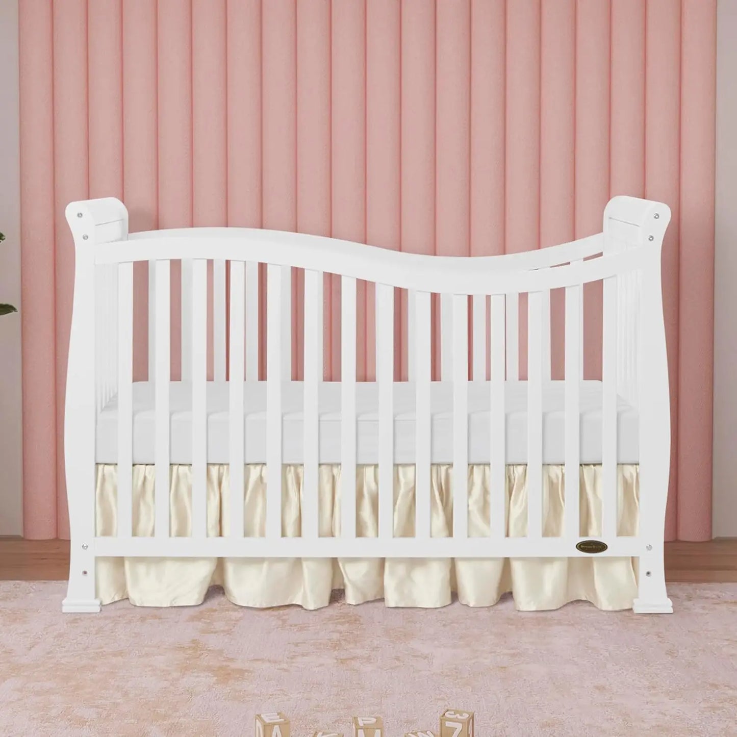 7-in-1 Convertible Full-Size Baby Crib in White, Greenguard Gold Certified, Adjustable Mattress Heights, Sustainable Pinewood