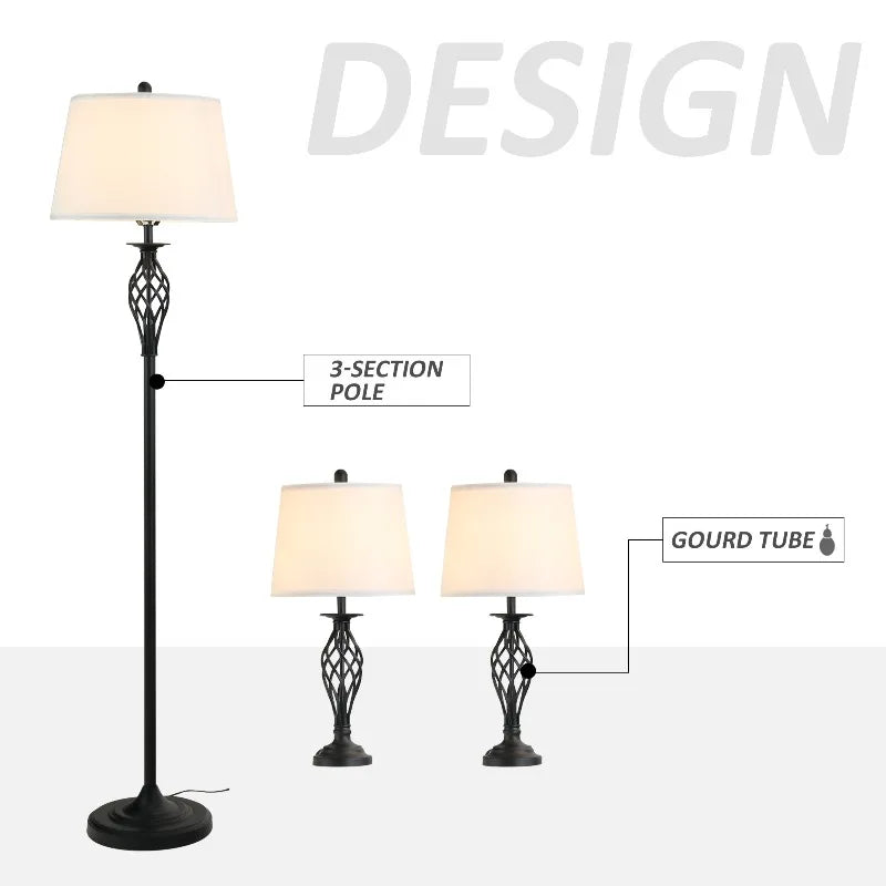 Three Piece Floor Lamp Set With Metal Pole Fabric Lampshade