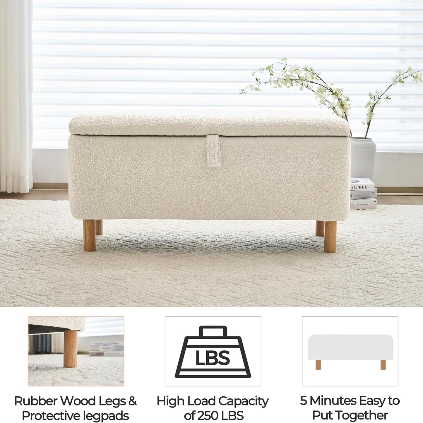 Todrani Boucle Storage Ottoman Bench With Sherpa Upholstery Entryway