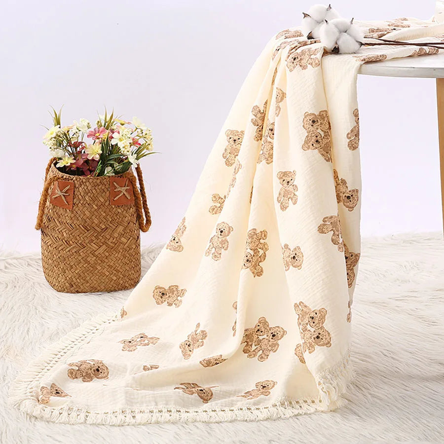 Bear Print Muslin Cotton Baby Blanket For Newborn Swaddle