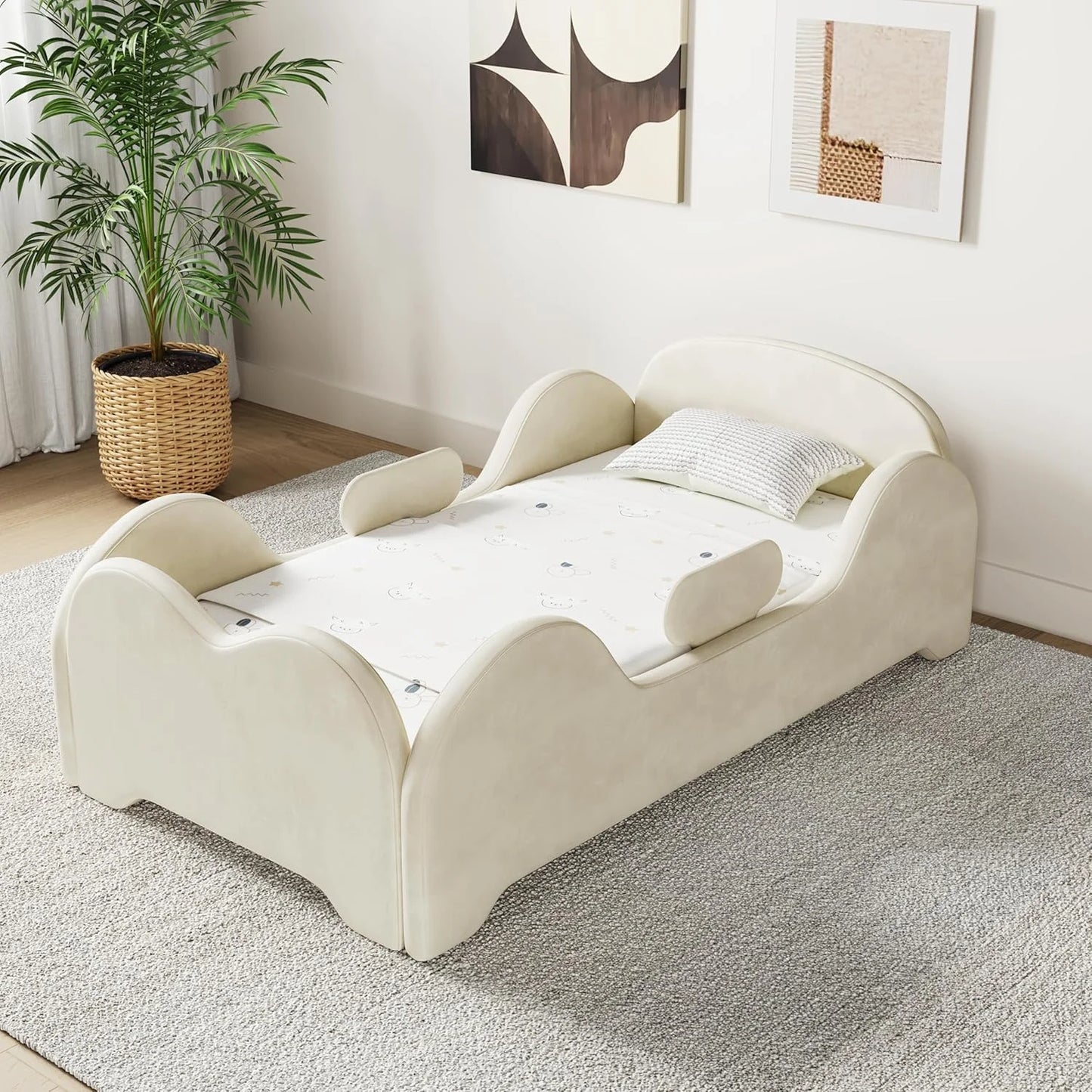 Toddler Floor Bed With Safety Guardrails Low-Height Design