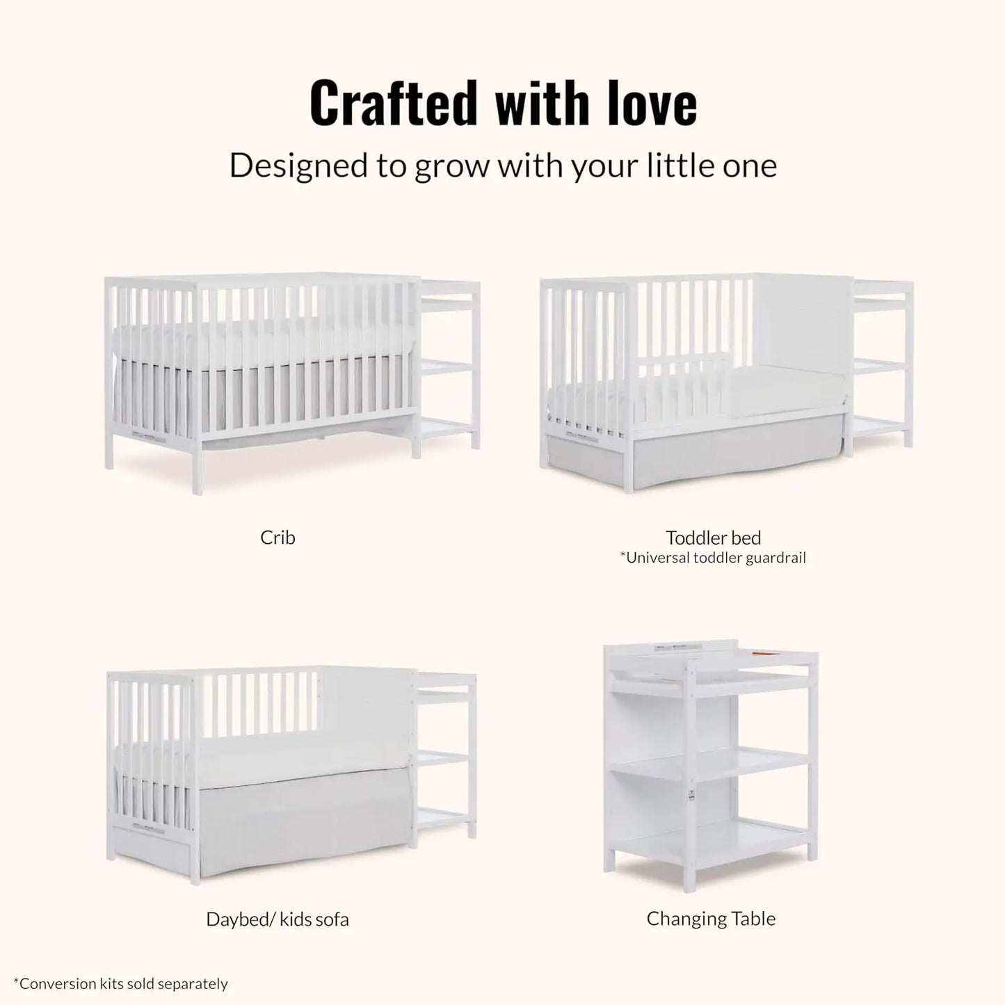 3-in-1 Convertible Baby Crib with Changing Table, White Pinewood, Adjustable Heights & Safety Certified