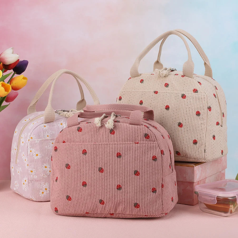 Strawberry Daisy Corduroy Insulated Lunch Bag Large Capacity
