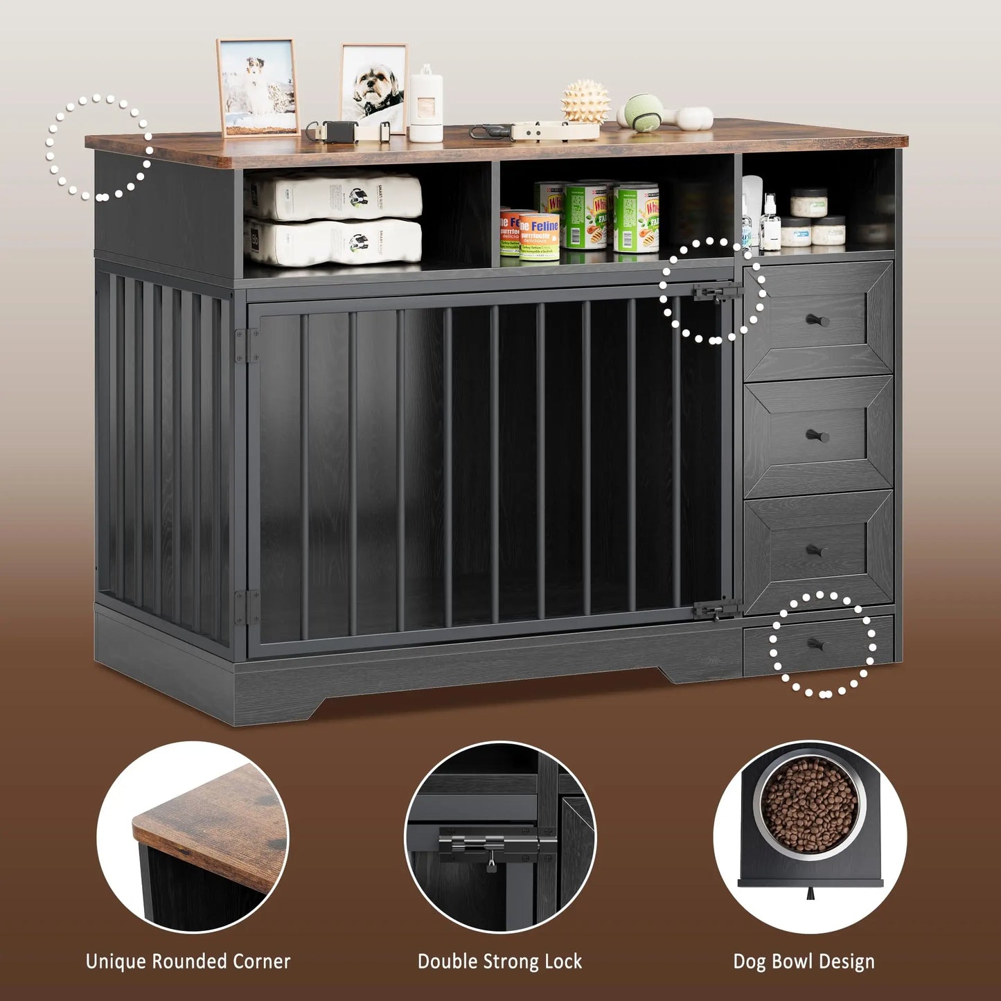 HiMISS Farmhouse Wooden Dog Crate with Storage and Feeding Station