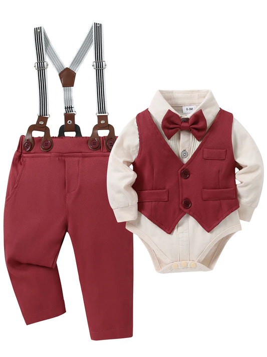Baby Boy Wedding Suit Set Shirt Vest Suspenders Pants Bowtie