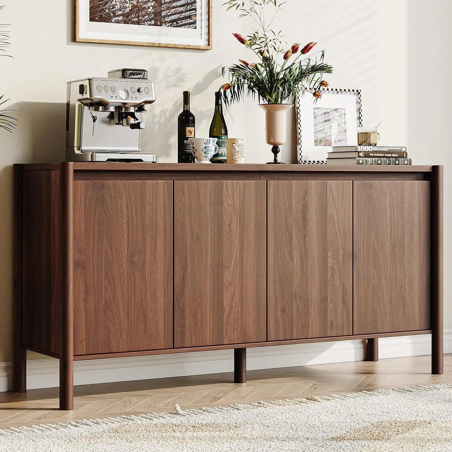HUANZHUANG Walnut Buffet Cabinet With 4 Doors And Shelves
