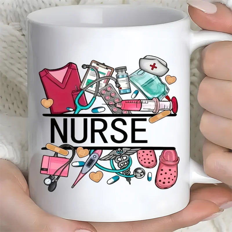 Nurse Themed Ceramic Coffee Mug With Medical Illustrations