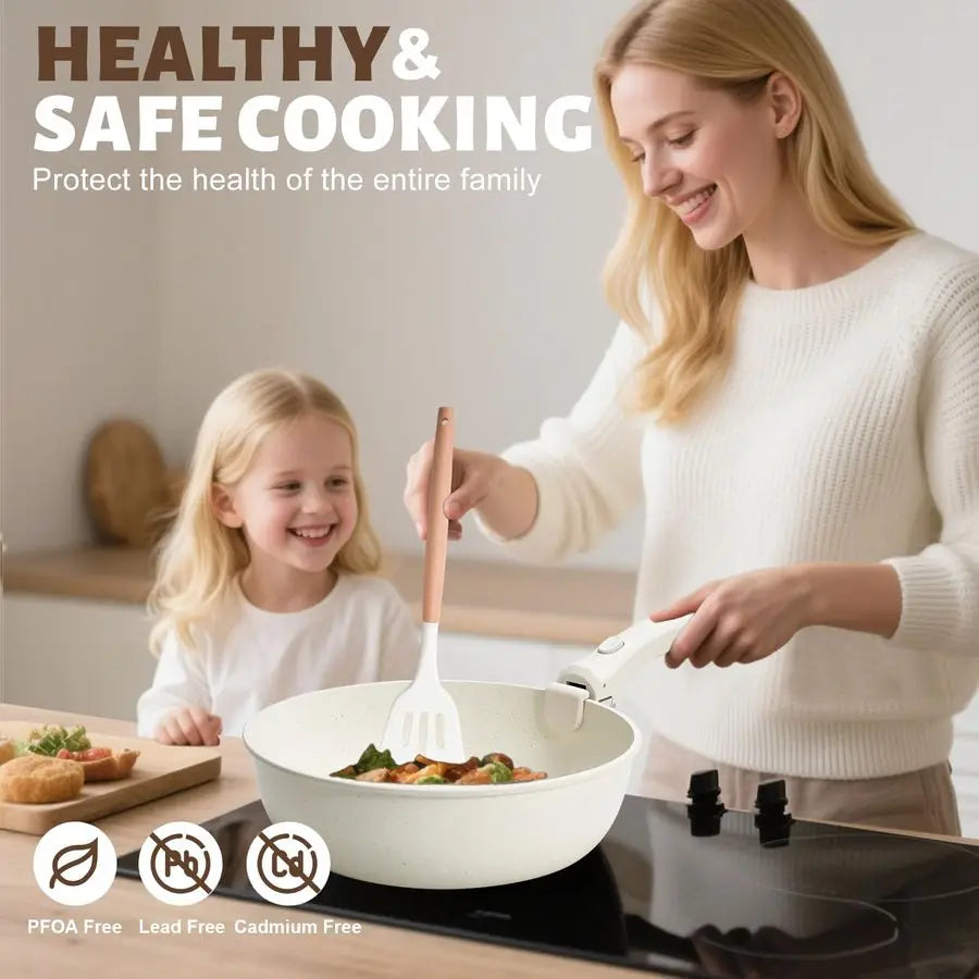 Induction Ceramic Nonstick Pots and Pans Set with Detachable Handles