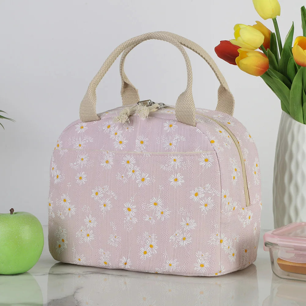 Strawberry Daisy Corduroy Insulated Lunch Bag Large Capacity