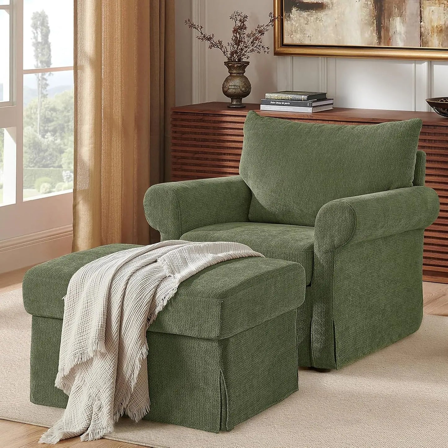 Modern Chenille Reading Armchair With Ottoman Set For Relaxation