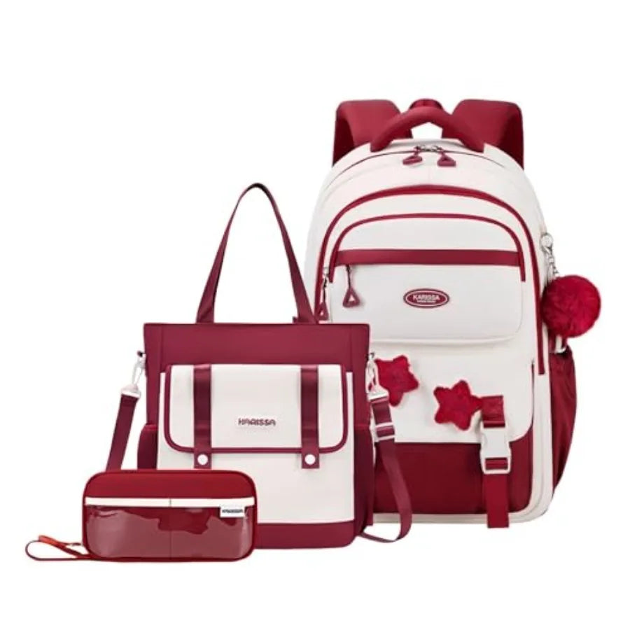 Girls School Backpack Tote With Star Pins And Furry Pendant