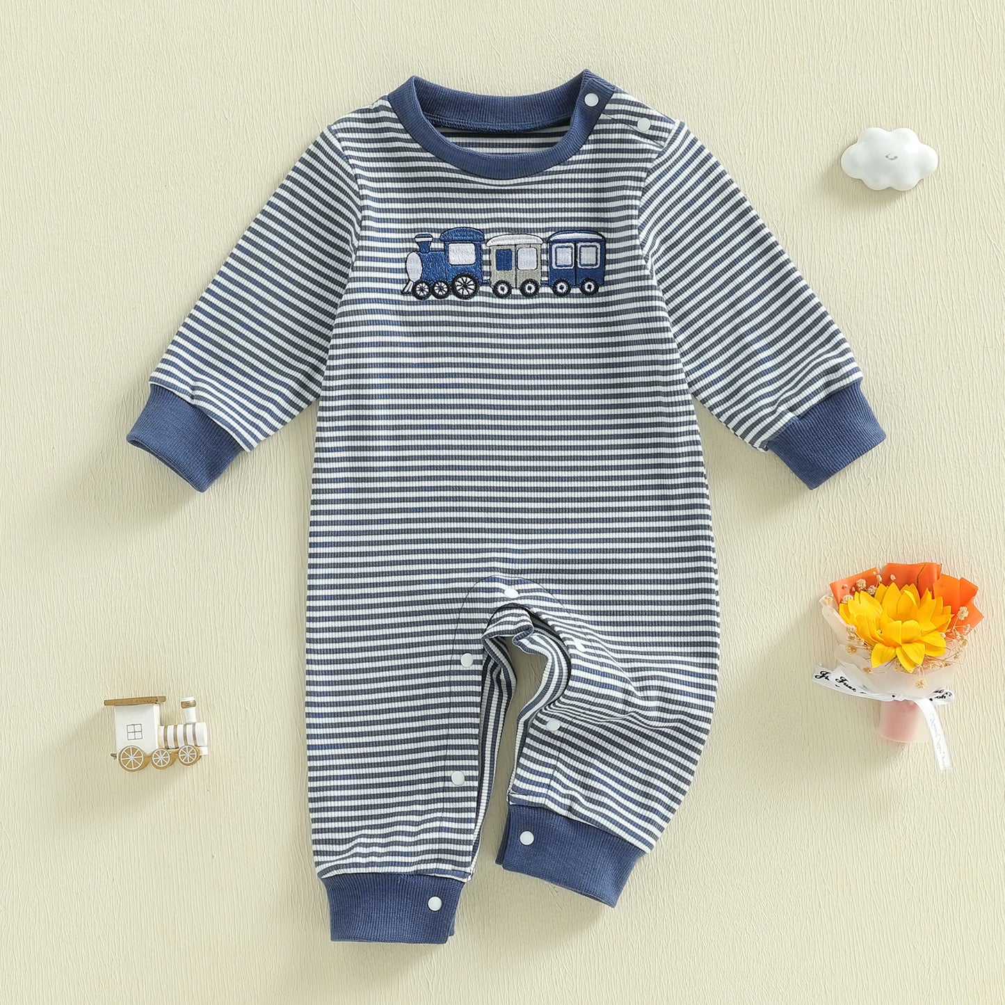 Toddler Striped Playsuit With Long Sleeves And Train Embroidery Romper