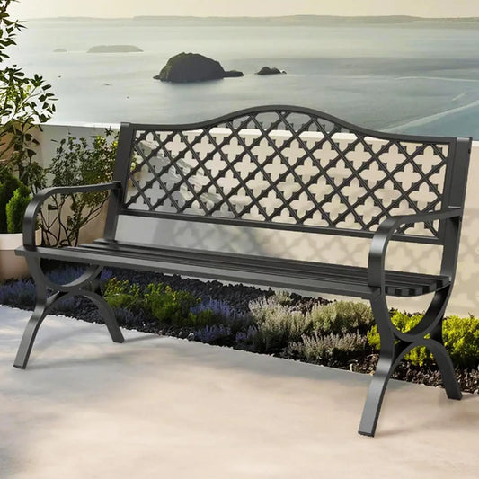 50in Cast Iron Steel Garden Bench Patio Chair w/Floral Backrest Slatted Seat Park Yard Porch Bronze, Customized