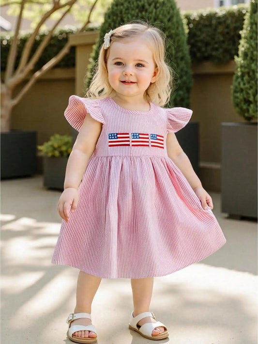 Fourth Of July Toddler Girl American Flag Smocked Dress
