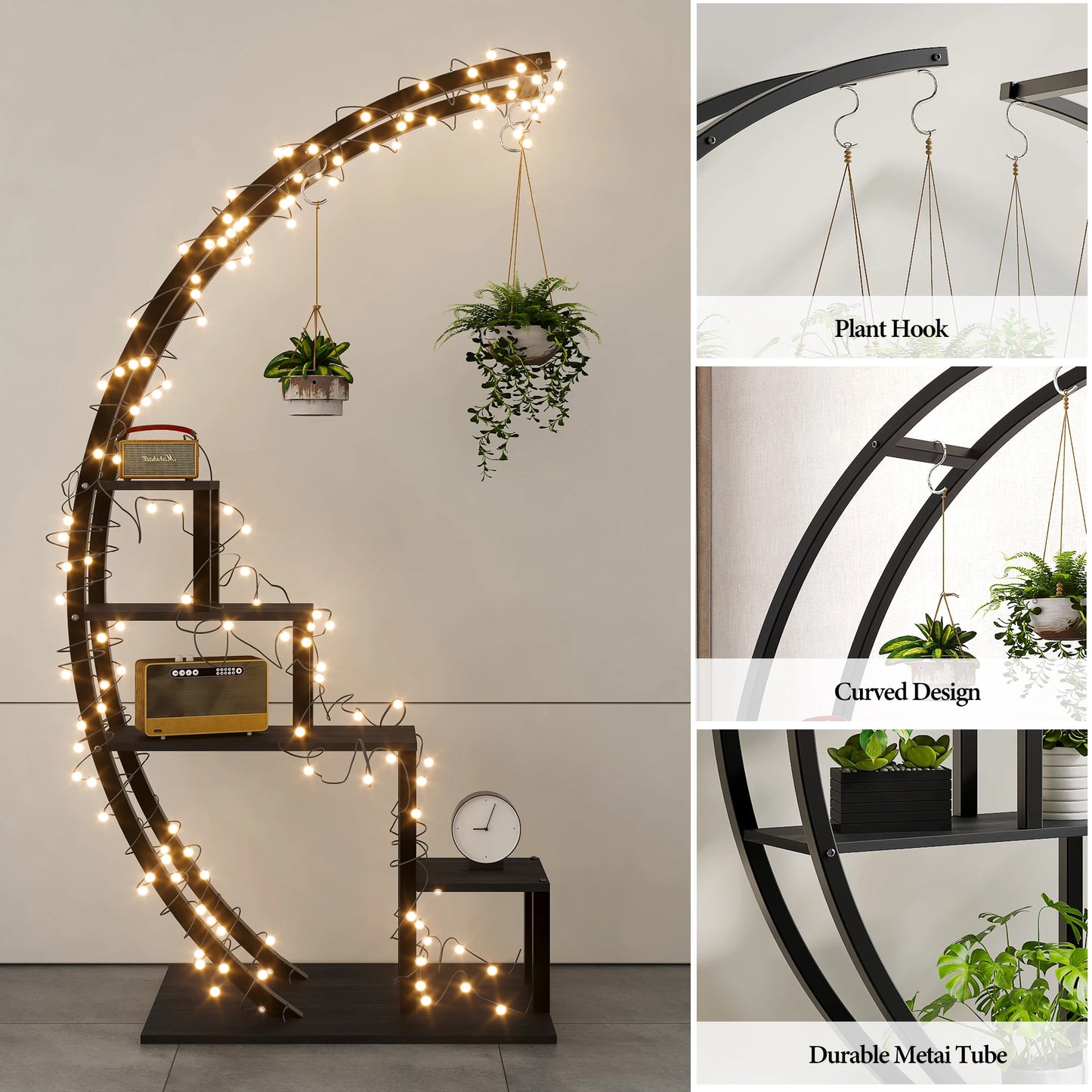 HiMISS 5-Tier Half Moon Metal Plant Stand With 6 Hooks