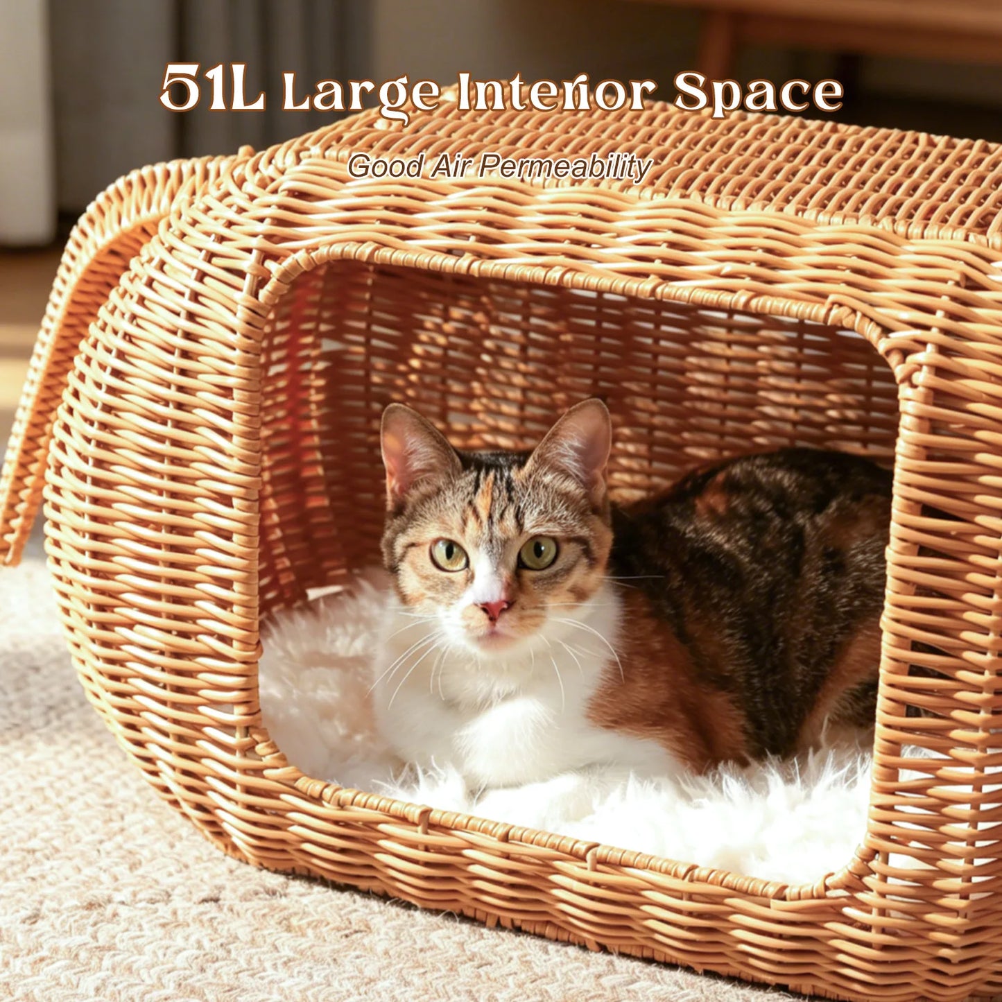 PEQULTI Elephant Rattan Cat Condo Bed With Plush Cushioned Hideaway