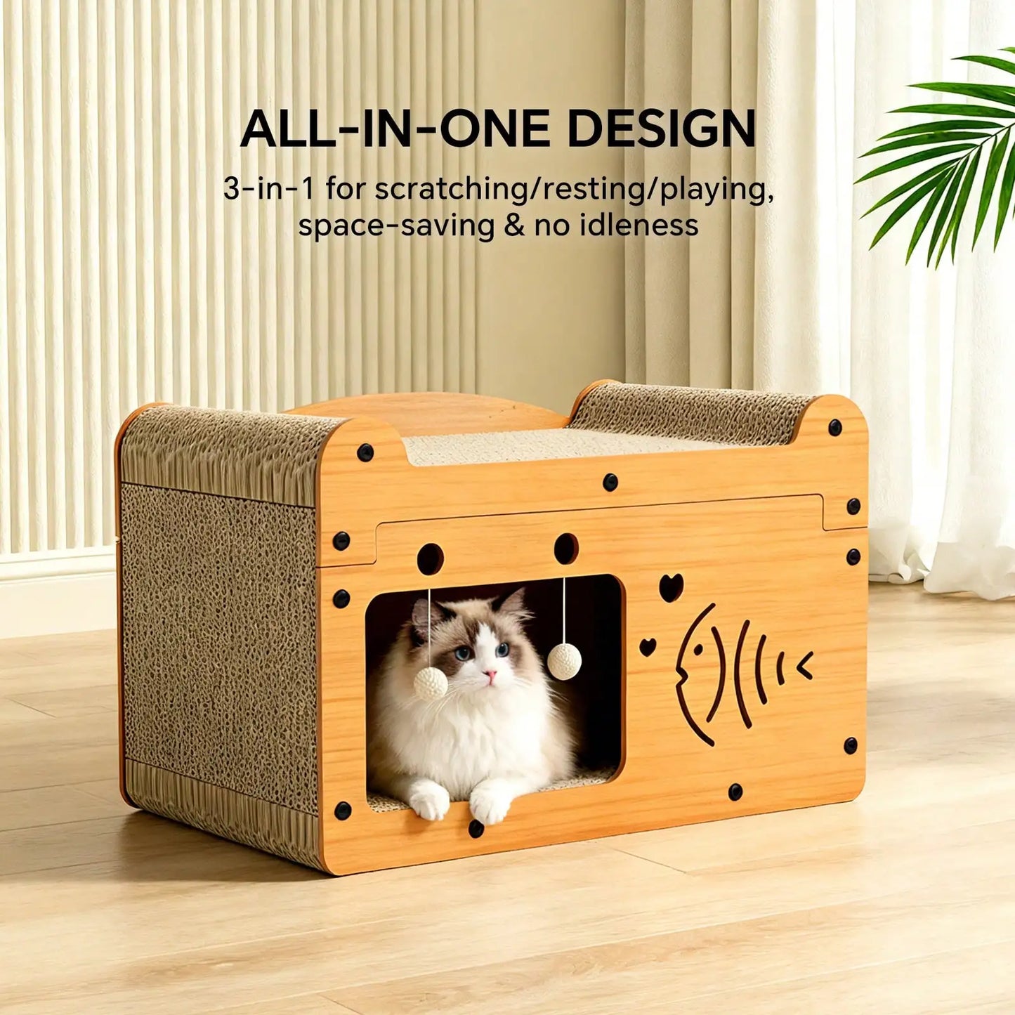 Cat Cardboard Scratcher And Resting Bed With Hanging Toys