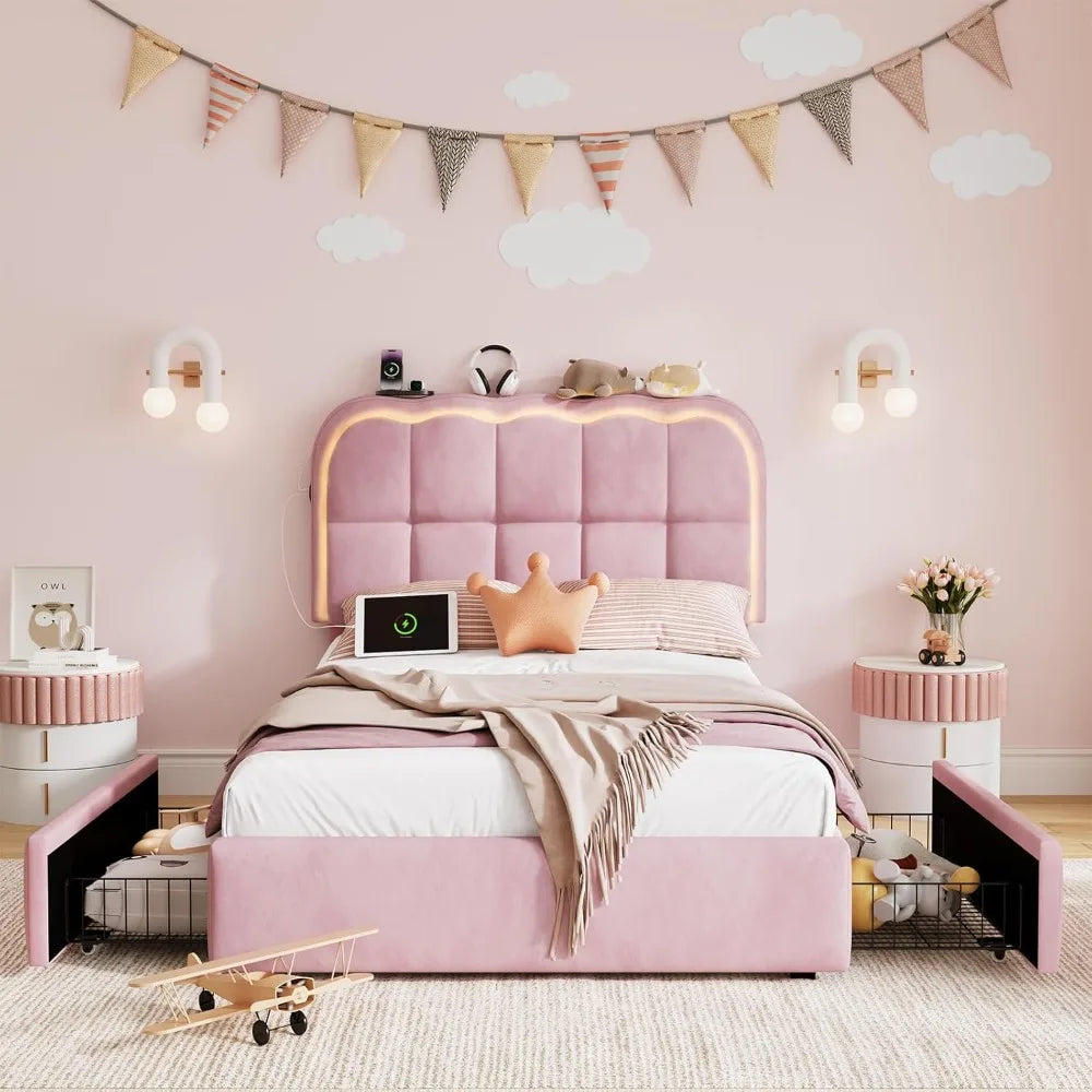 Velvet LED Platform Bed Frame With Storage And USB Charging