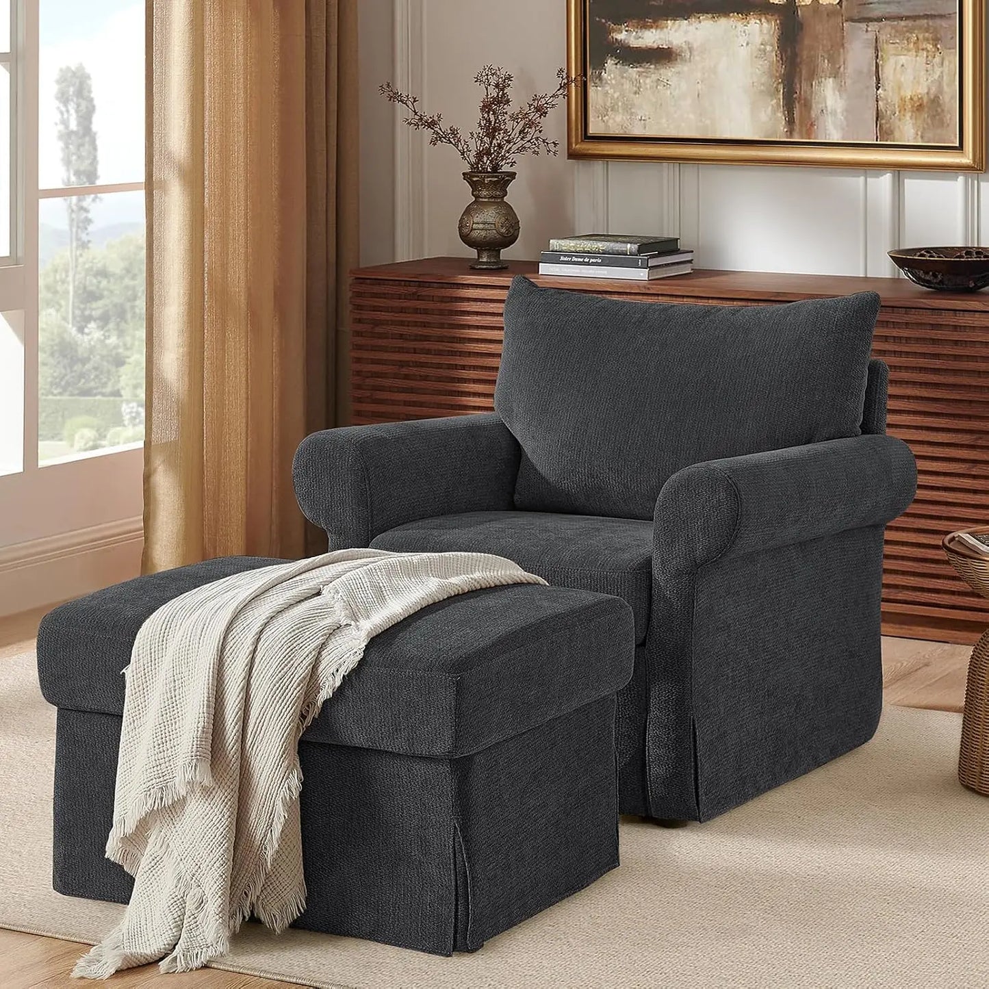 Modern Chenille Reading Armchair With Ottoman Set For Relaxation
