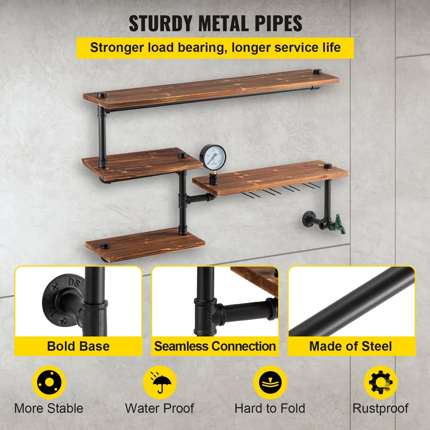 Industrial Pipe Shelves Wall Mount 4-Tier Rack with Wood Planks