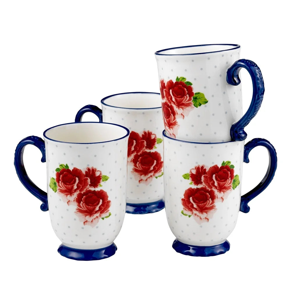 Heritage Floral 4-Piece Mug Set Stoneware Kitchen Essentials