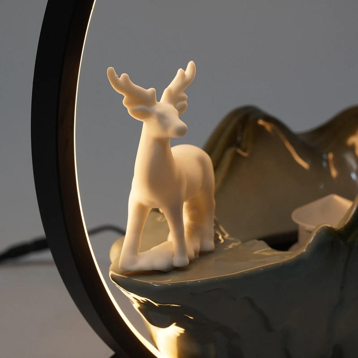 110V Ceramic Tabletop Fountain With LED Deer Figurine And Pine