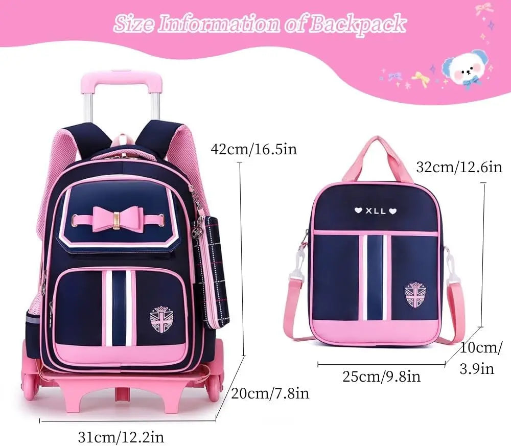 Caster Rolling Backpack For Girls With Wheels And Lunch Bag