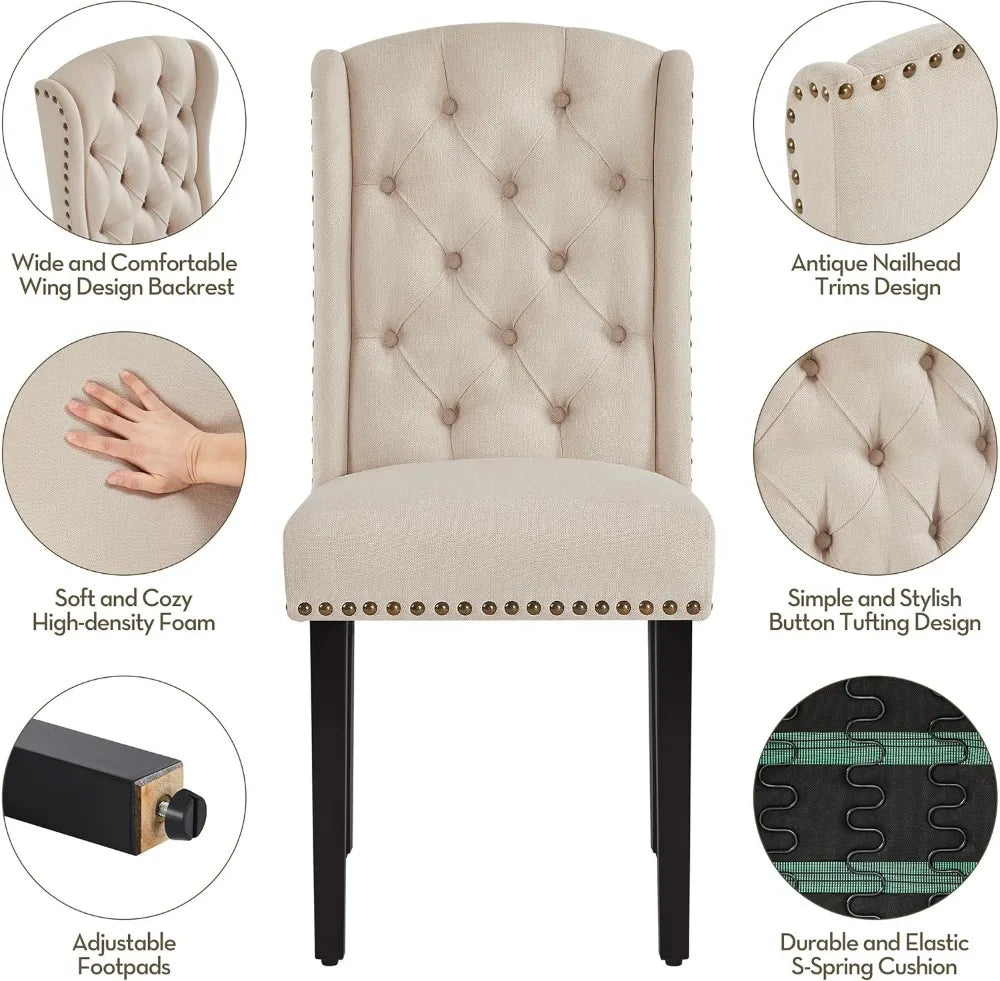 Upholstered Dining Chairs Set of 2 Button Tufted Kitchen Chairs with Solid Wood Legs and Nailhead Trims for Dining Room, Living
