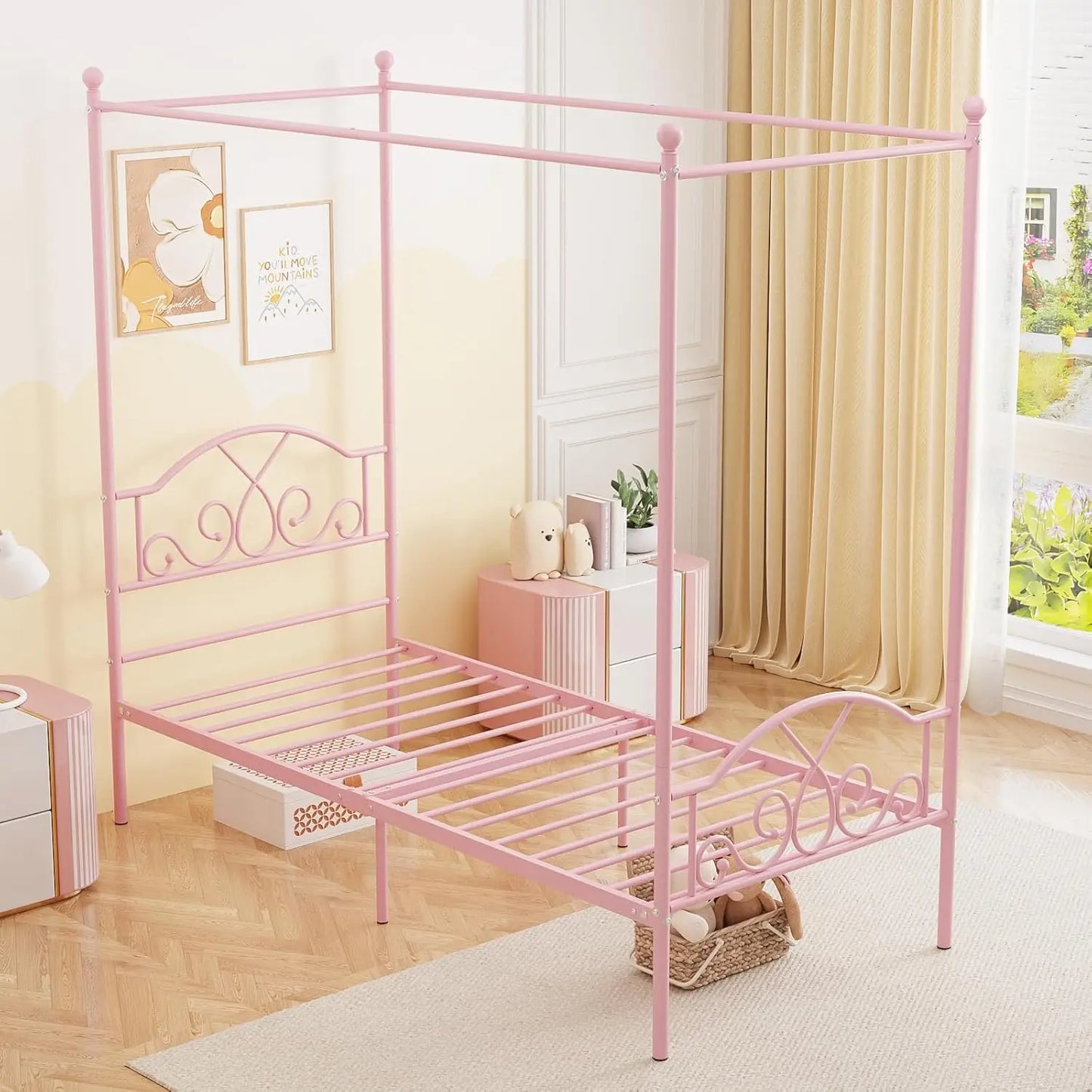 Princess Canopy Bed Frame With Four Metal Posts For Kids
