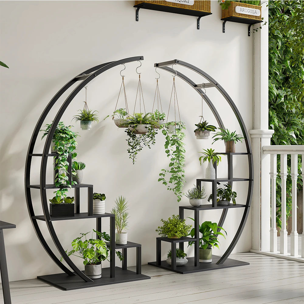 HiMISS 5-Tier Half Moon Metal Plant Stand With 6 Hooks
