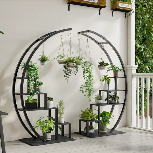 HiMISS 5-Tier Half Moon Metal Plant Stand With 6 Hooks