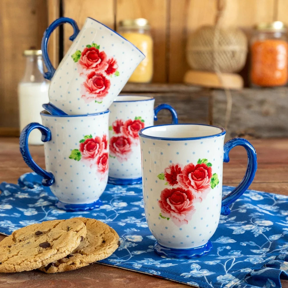 Heritage Floral 4-Piece Mug Set Stoneware Kitchen Essentials