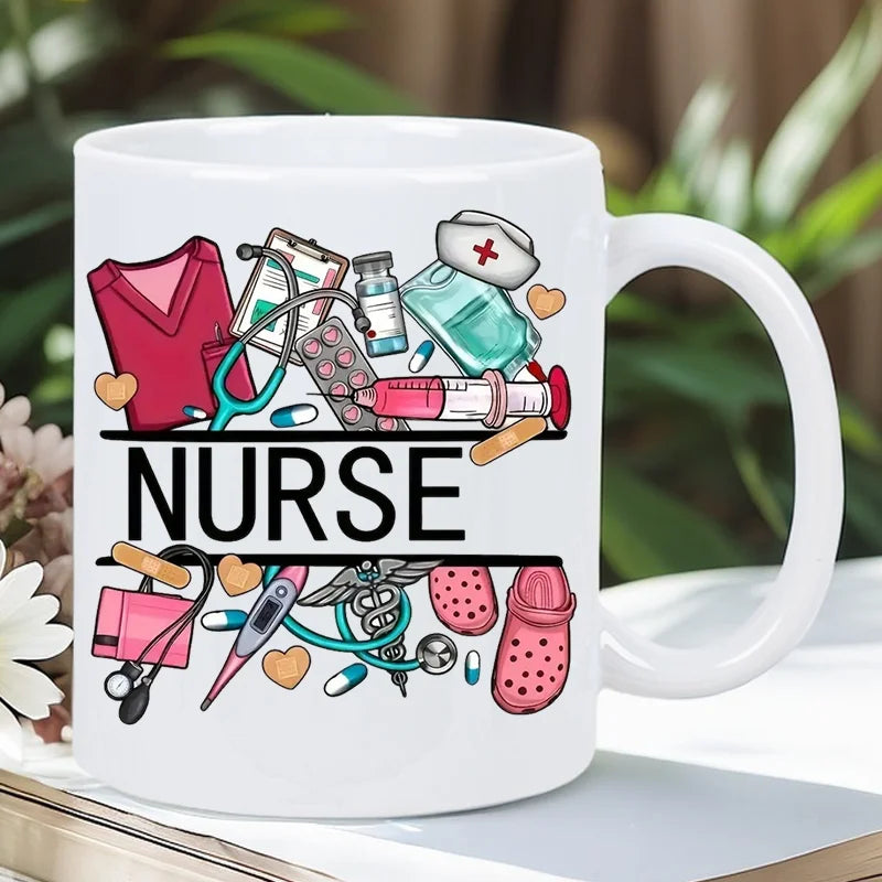 Nurse Themed Ceramic Coffee Mug With Medical Illustrations