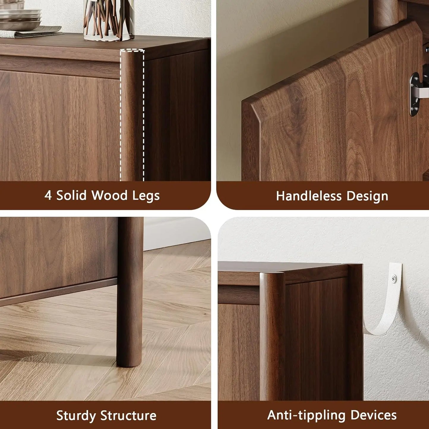 HUANZHUANG Walnut Buffet Cabinet With 4 Doors And Shelves