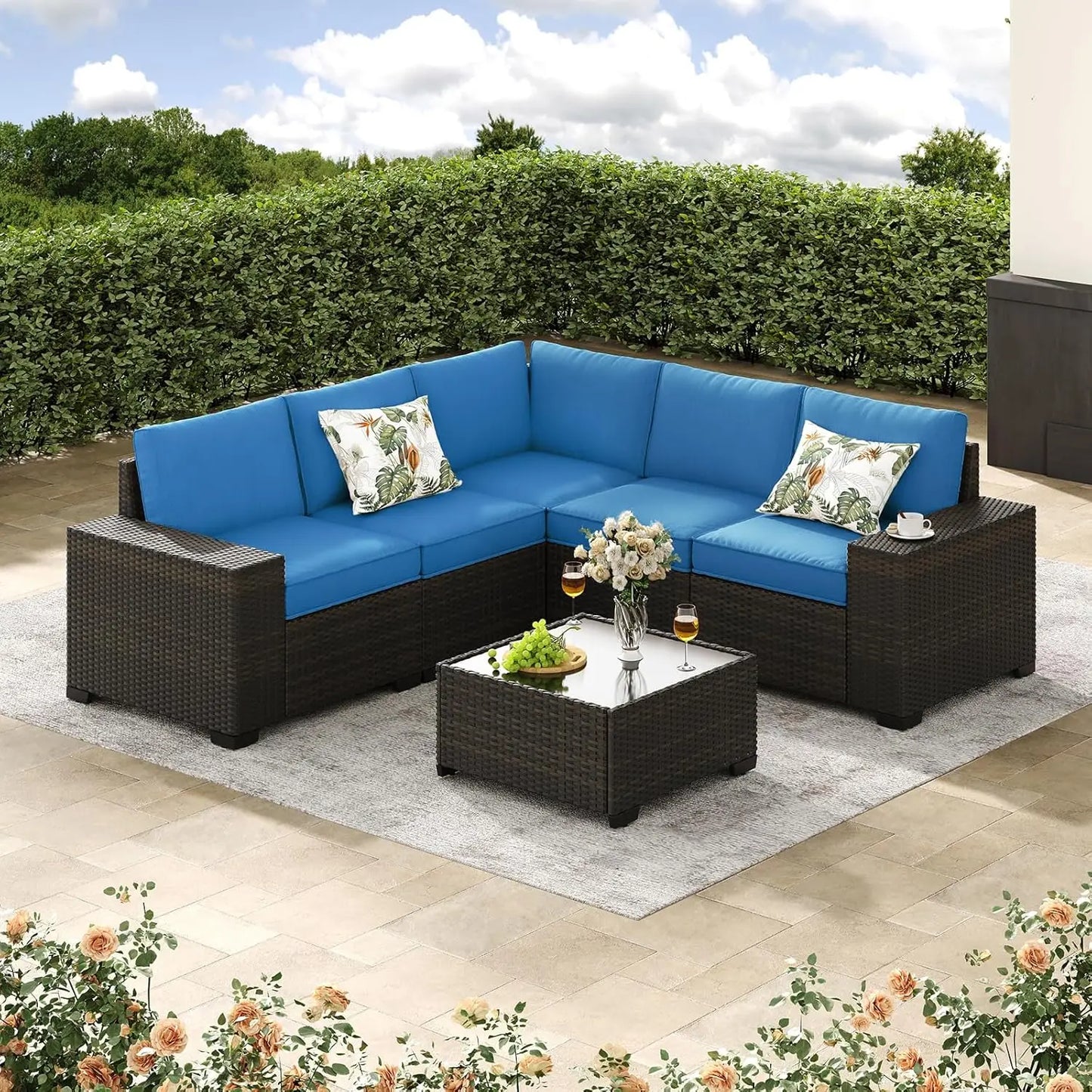Patio Outdoor Wicker Sectional Sofa Set With Glass Table
